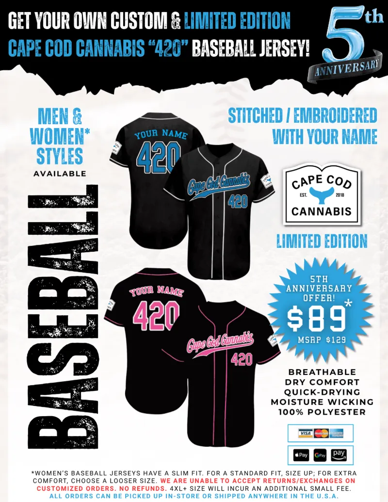 Get your own custom & limited edition Cape Cod Cannabis 5th Anniversary “420” baseball jersey today!