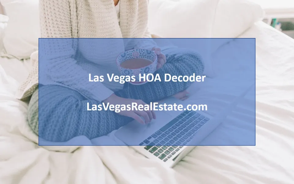 A woman wearing a bath robe and is working on her laptop, in the middle the words "las vegas HOA decoders" is written- LasVegasRealEstate.com