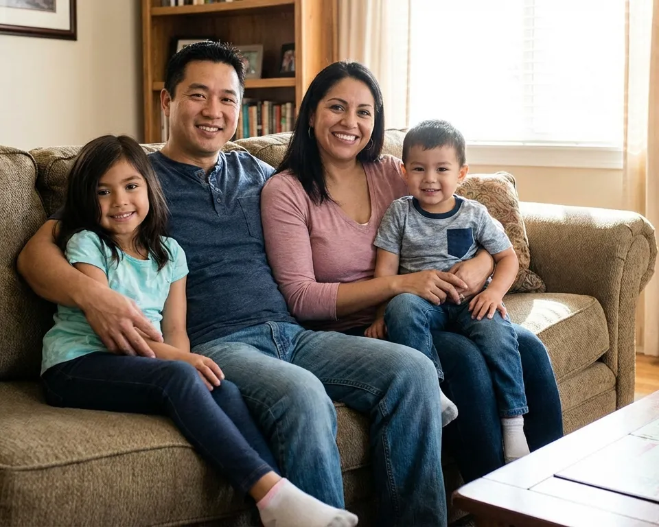A family sits on a couch and smiles for the camera, a game of Monopoly is on the coffee table in front of them.