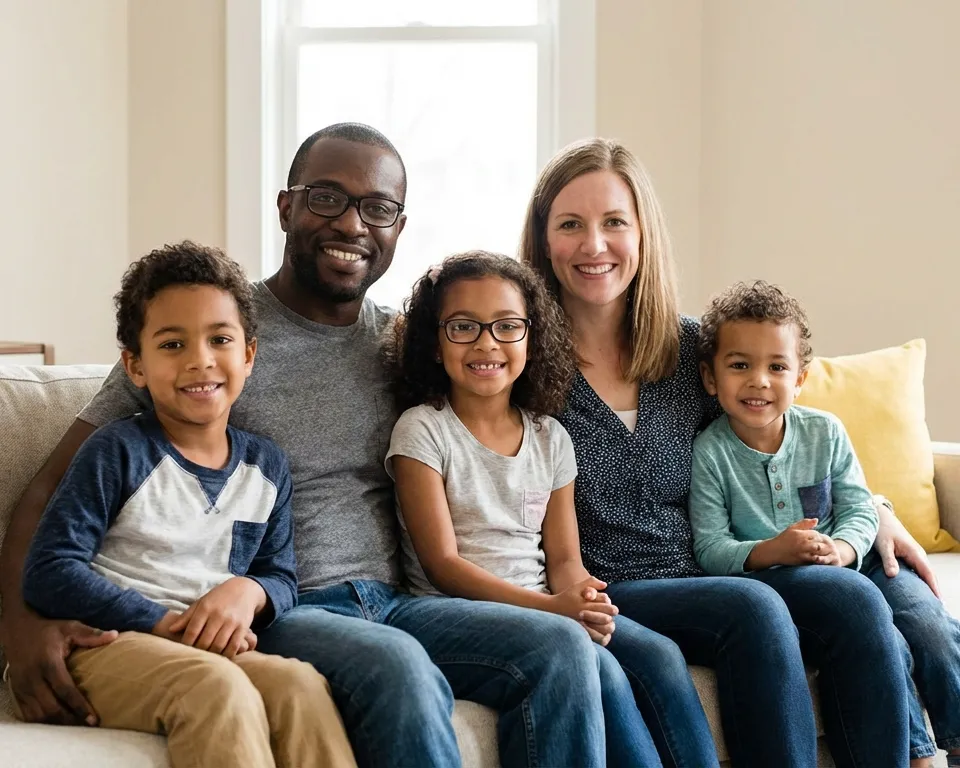 A family sitting on a couch smiling for a picture