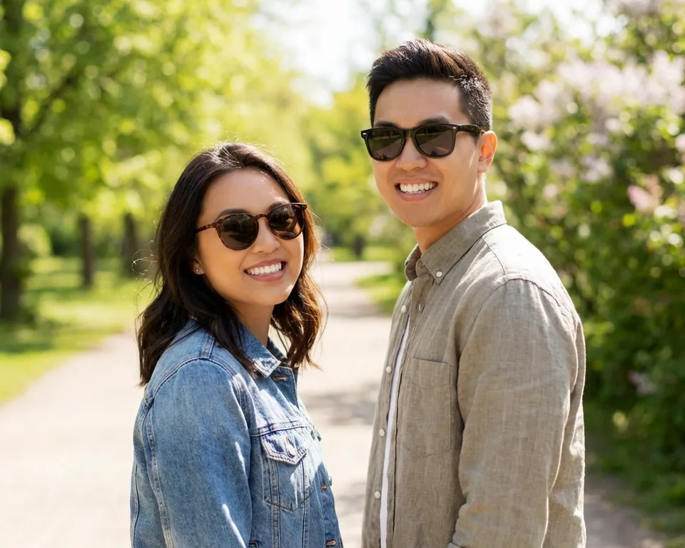 A man and woman wearing sunglasses pose for a picture in a park.