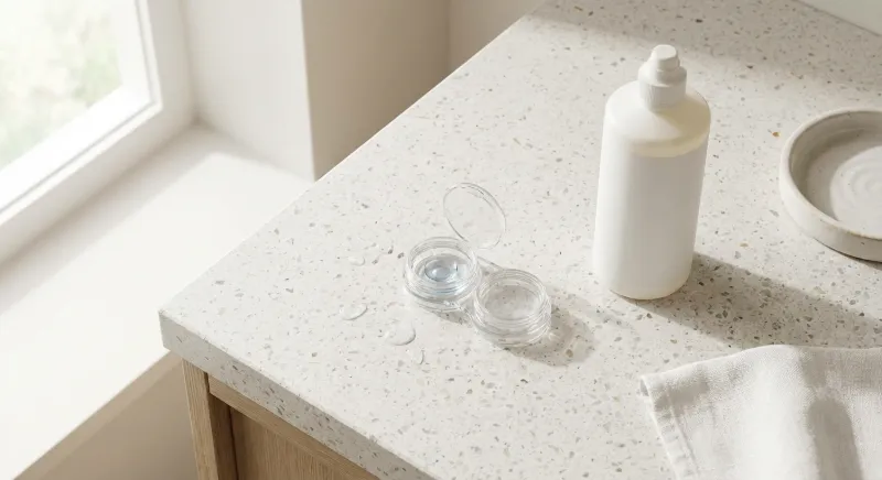 Contact lens solution and cases on a bathroom counter