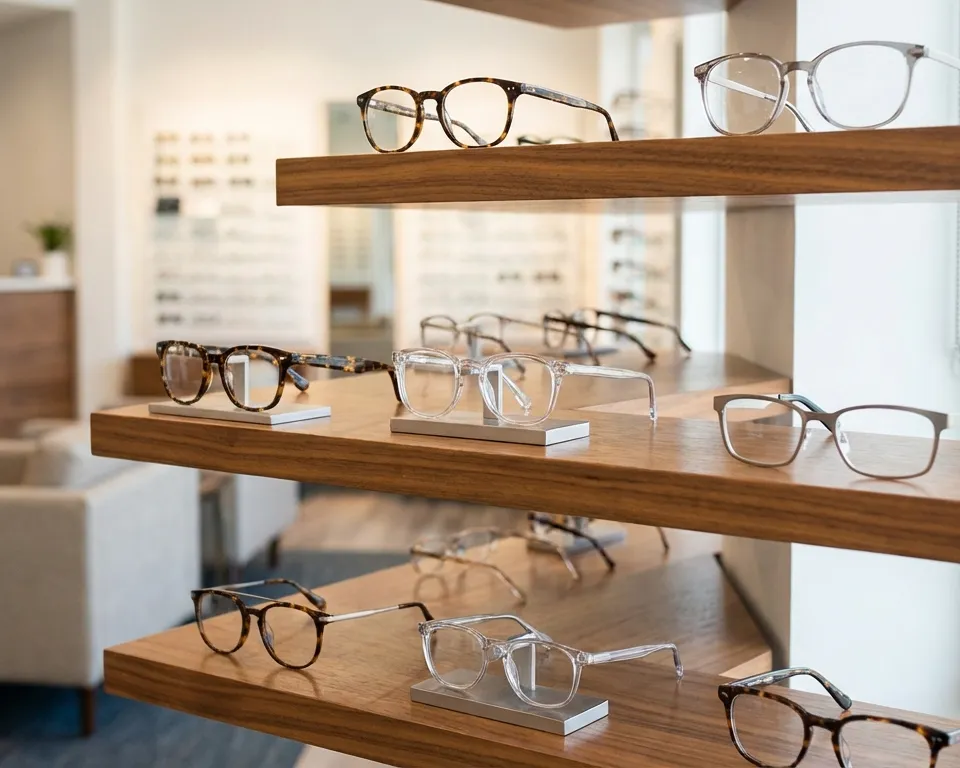 Eyewear on display inside a shop with a white couch and a counter in the background.