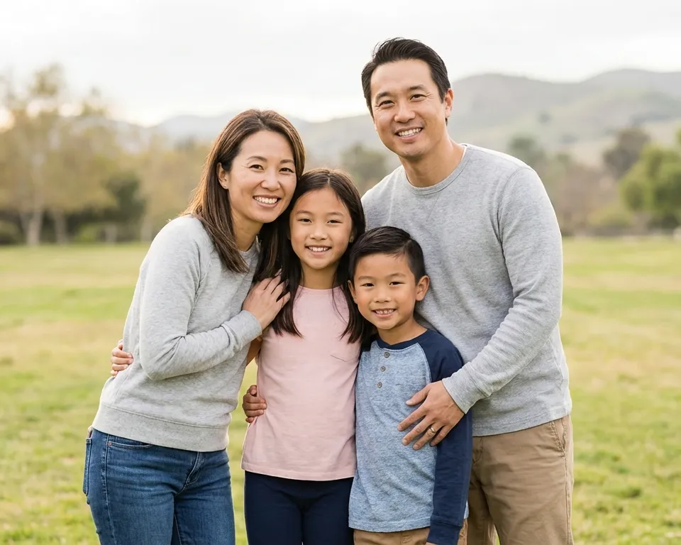 A family of four, a woman, a girl, a boy, and a man, standing together in a park.