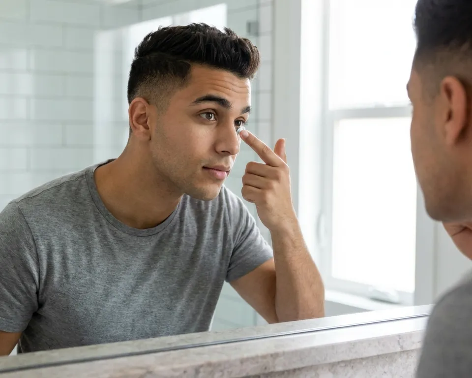 Man with a gray t-shirt looking in the mirror adjusting his eyeglasses while his friend watches him