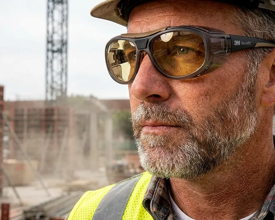 A man in safety glasses and a hard hat looks around a construction site.