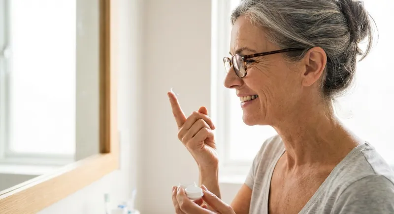 Older woman smiling at herself while putting in a contact lens in front of a mirror.
