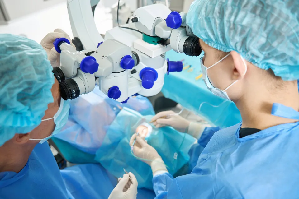 Two doctors are performing surgery in an operating room using microscopes and surgical tools.