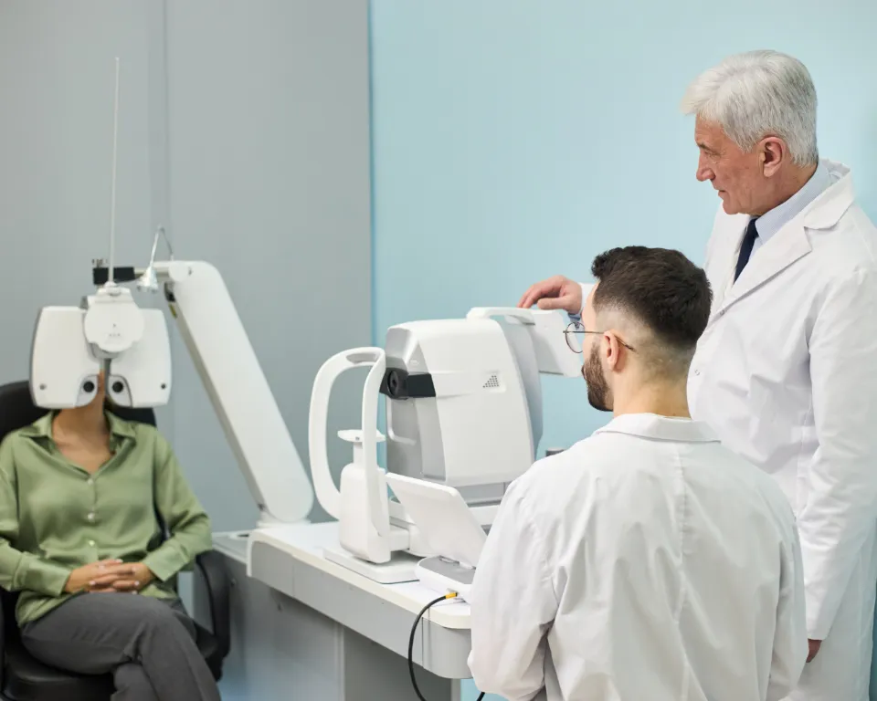 A woman is sitting in a chair in front of an optometrist examining her eye with a machine