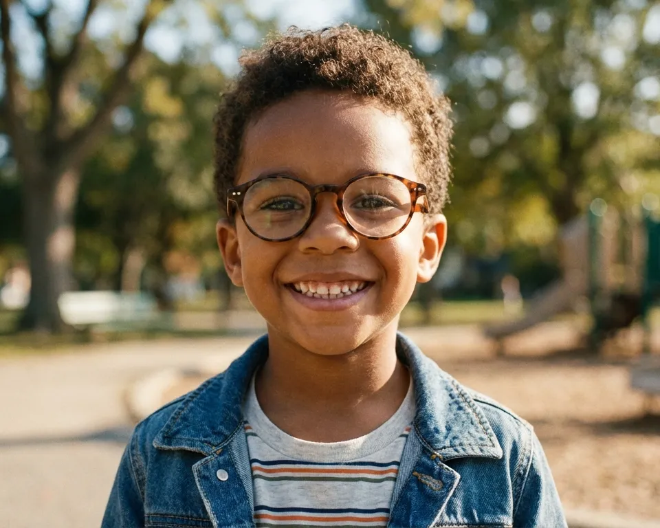 A smiling boy in glasses stands in a park near a playground
