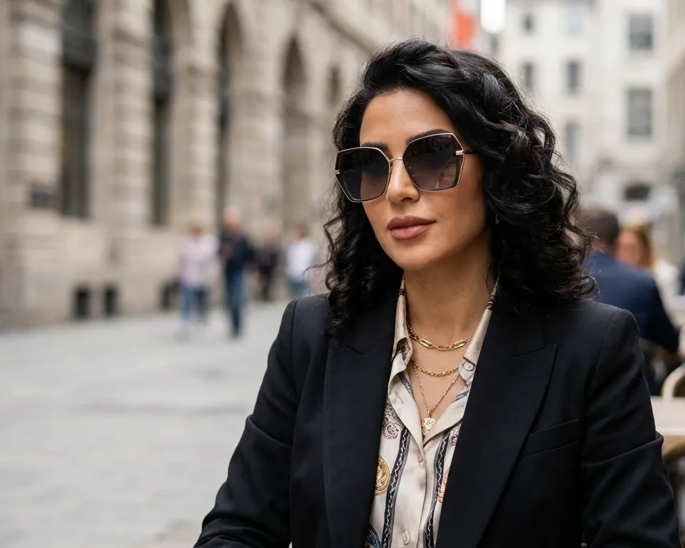 A woman with curly hair and sunglasses sitting on a chair outside of a cafe.