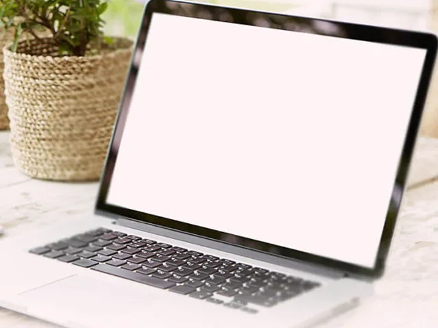 Open laptop with blank white screen on desk beside plant